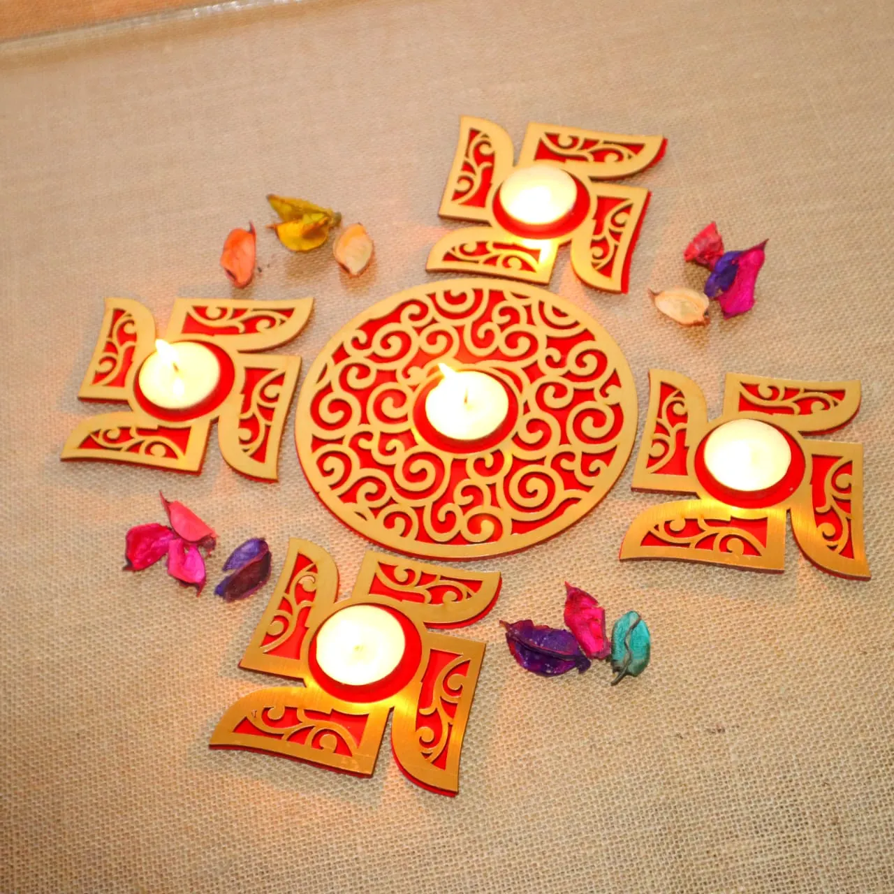 Beautiful Elgant Tealight Set With Auspicious Swastik & Elephant