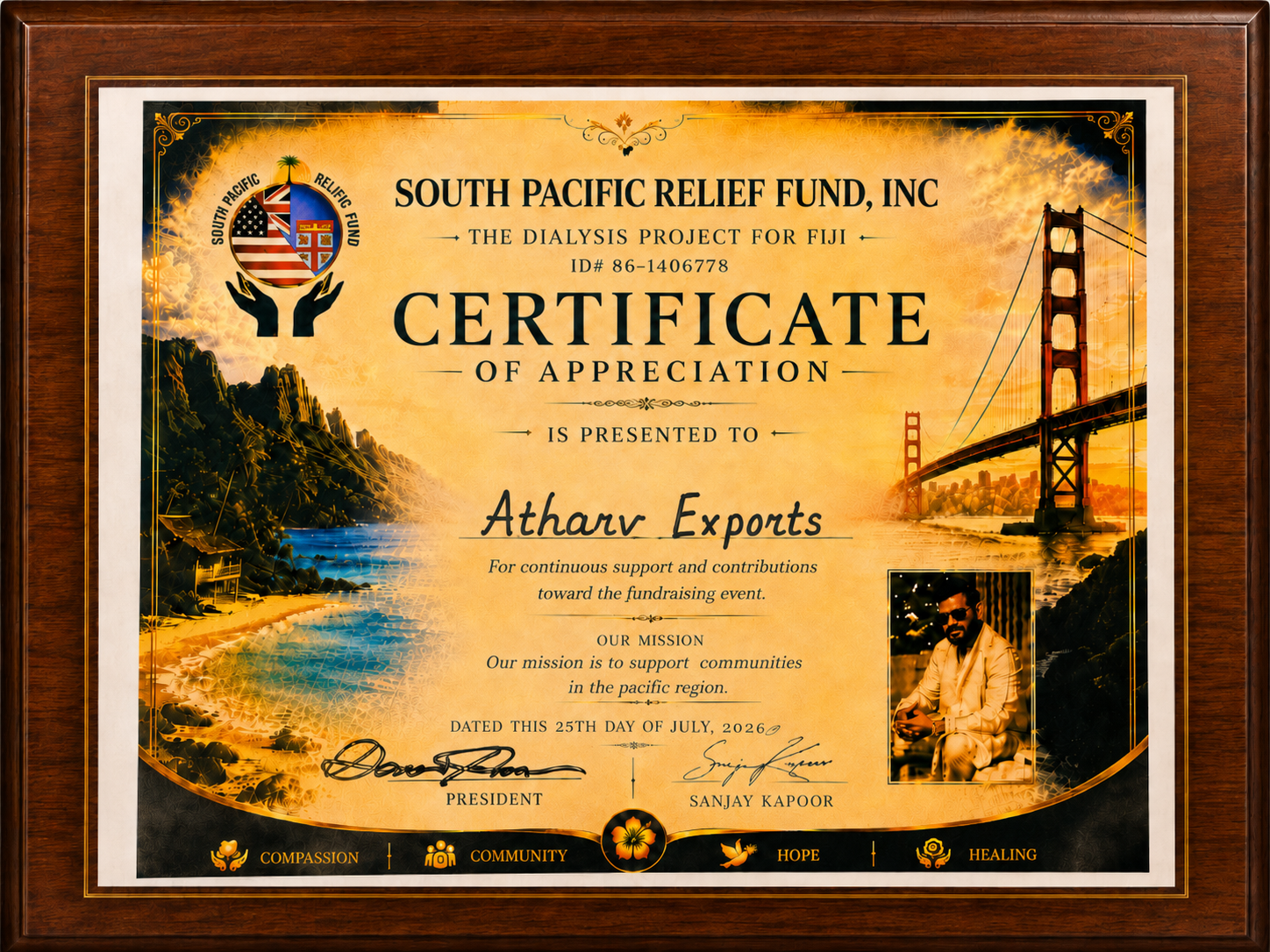 South Pacific Relief Fund Certificate of Appreciation presented to Atharv Exports
